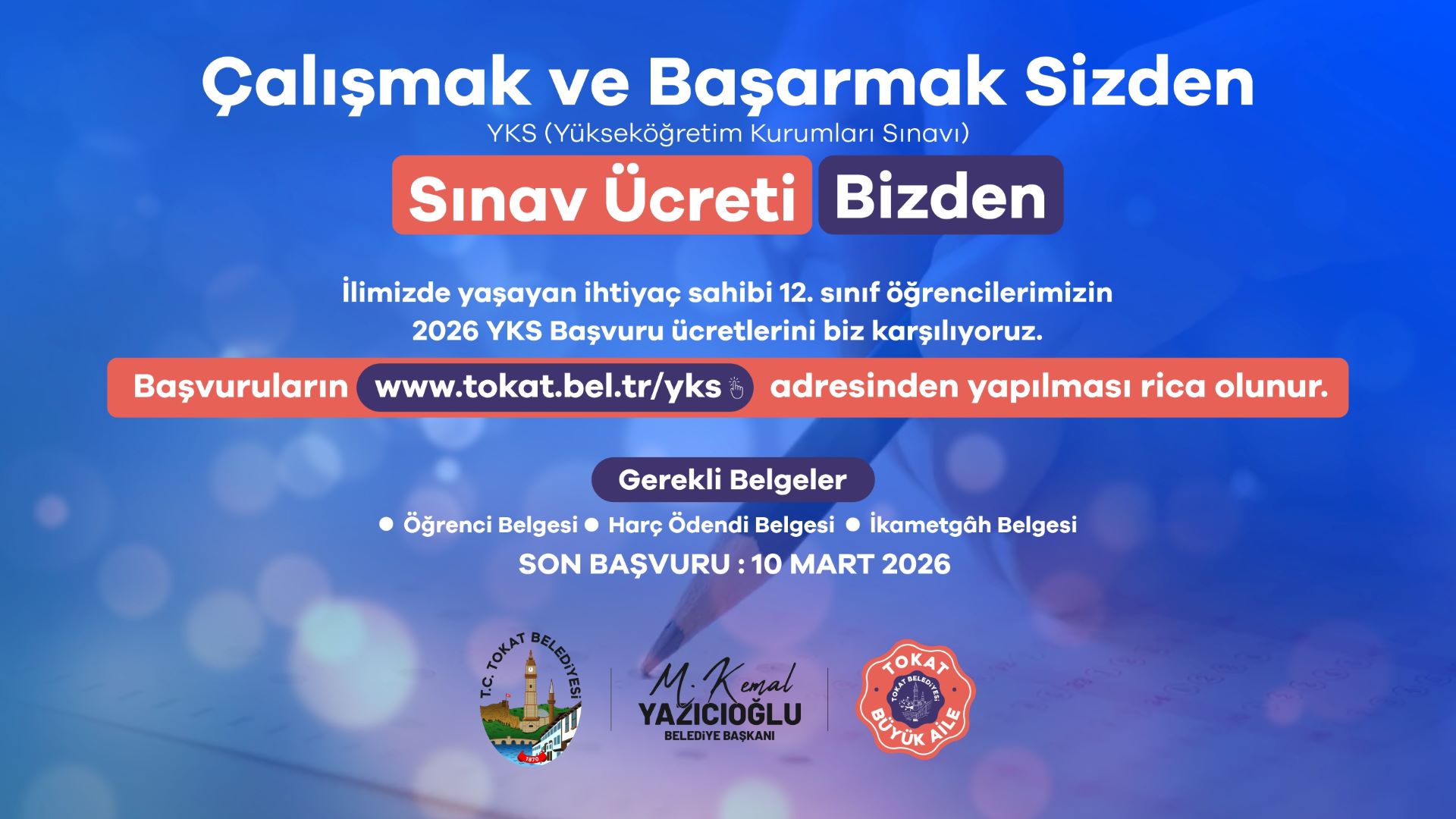 TOKAT BELEDİYESİ’NDEN YKS’YE GİRECEK İHTİYAÇ SAHİBİ ÖĞRENCİLERE DESTEK